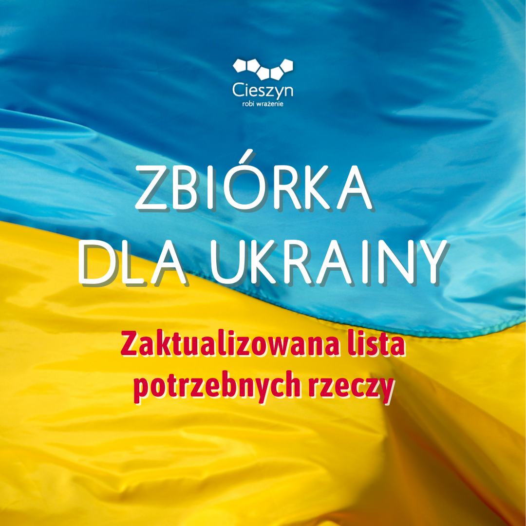 Plakat w kolorze niebiesko-żółtym. Zbiórka potrzebnych rzeczy dla uchodźców